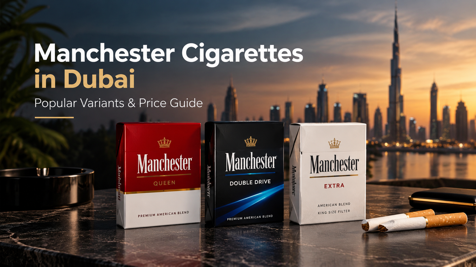 Manchester cigarettes in Dubai featuring Queen, Double Drive and Extra variants