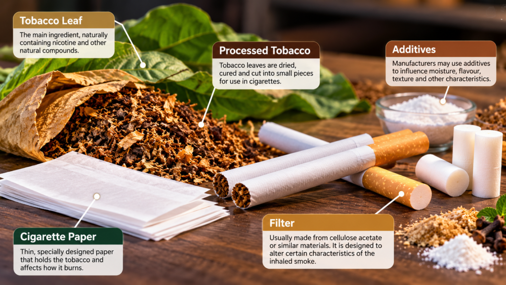 Cigarette ingredients including tobacco, cigarette paper and filter