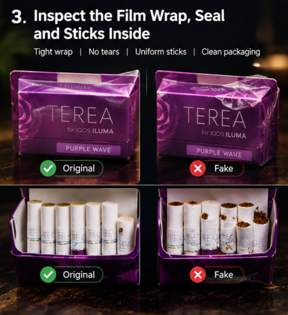 TEREA pack seal, film wrap and tobacco stick inspection guide